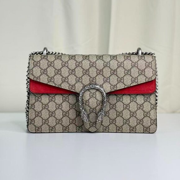 Gucci Handbags - Gucci GG Logo Supreme Medium Dionysus Shoulder Bag with Red Interior